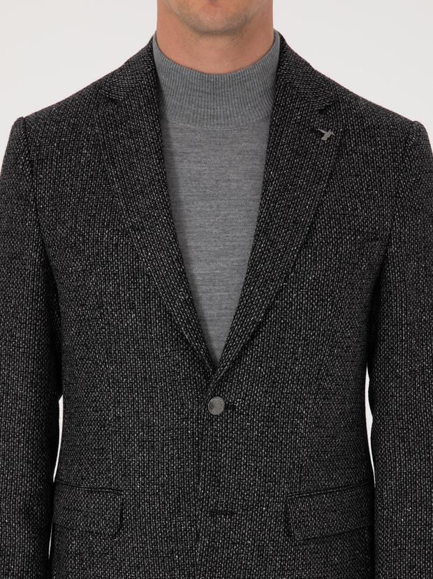Siyah Slim Fit İpek Kaşmir Karışımlı Mikro Desenli Blazer Ceket