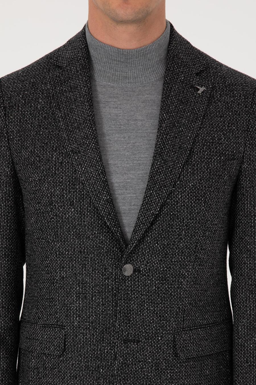 Siyah Slim Fit İpek Kaşmir Karışımlı Mikro Desenli Blazer Ceket - 50310753023