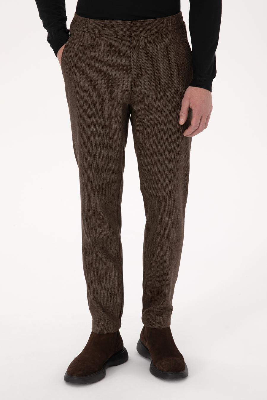 Kahverengi Jogger Fit Beli Lastikli Yün Karışımlı Balık Sırtı Kanvas Pantolon - 50308723121