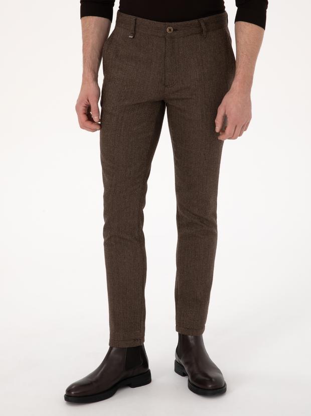 Kahverengi Slim Fit Yün Karışımlı Balık Sırtı Kanvas Pantolon