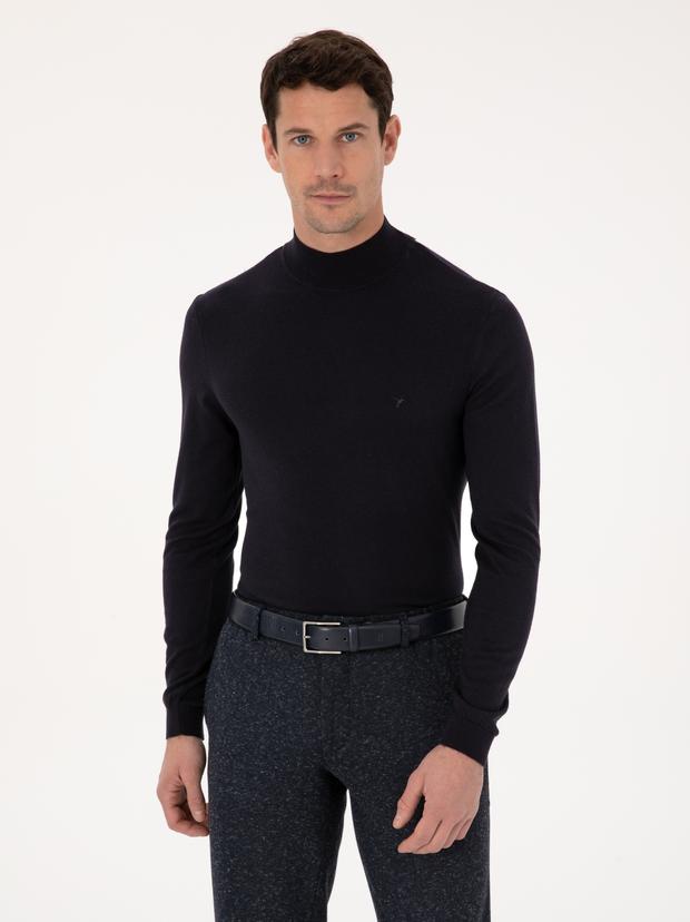 Lacivert Slim Fit Pamuk Karışımlı Yarım Balıkçı Yaka Basic Triko Kazak