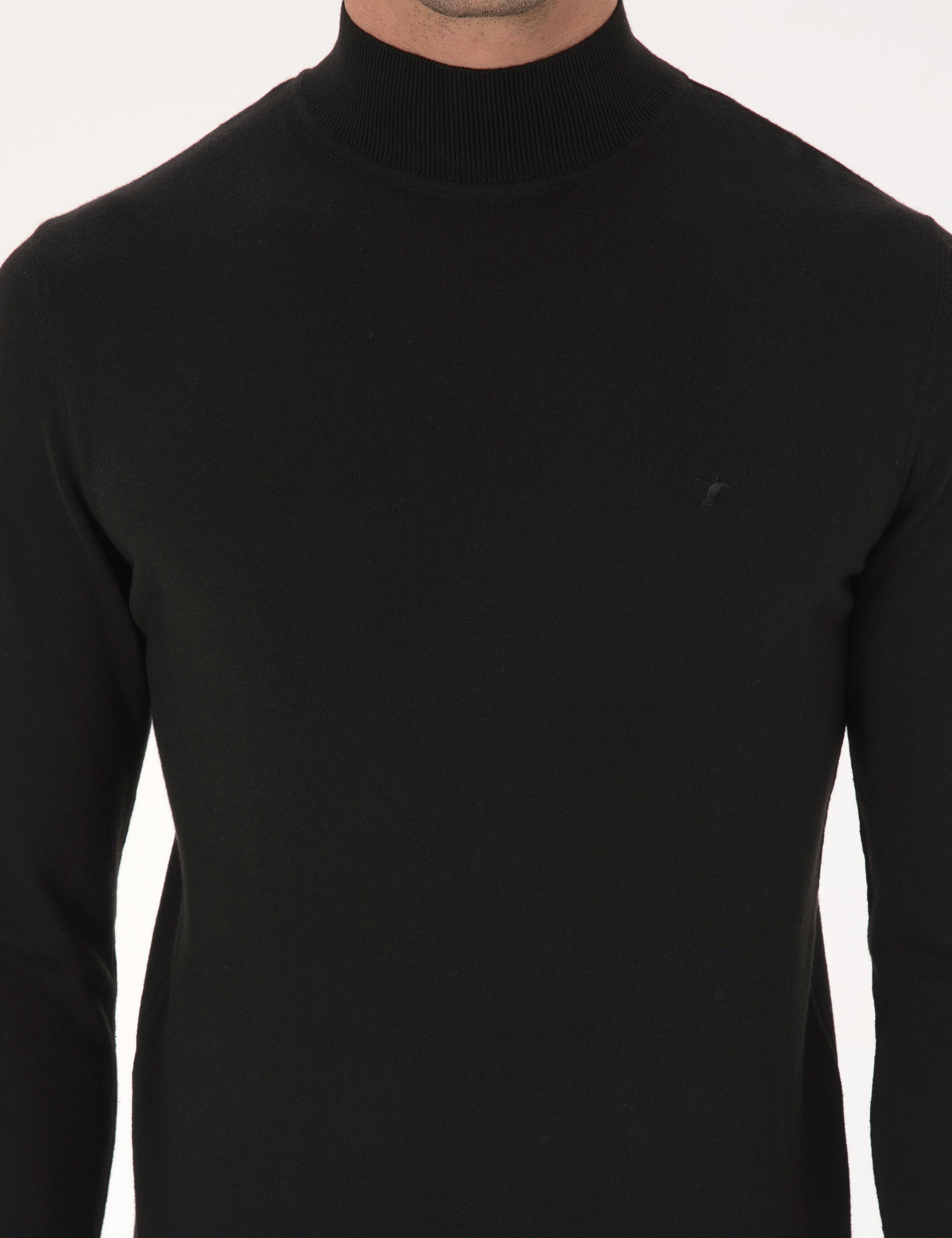 Siyah Slim Fit Pamuk Karışımlı Yarım Balıkçı Yaka Basic Triko Kazak - 50318619041