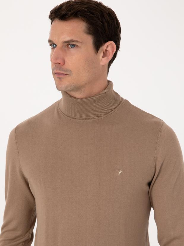 Camel Slim Fit Pamuk Karışımlı Balıkçı Yaka Triko Kazak
