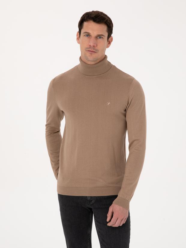 Camel Slim Fit Pamuk Karışımlı Balıkçı Yaka Triko Kazak