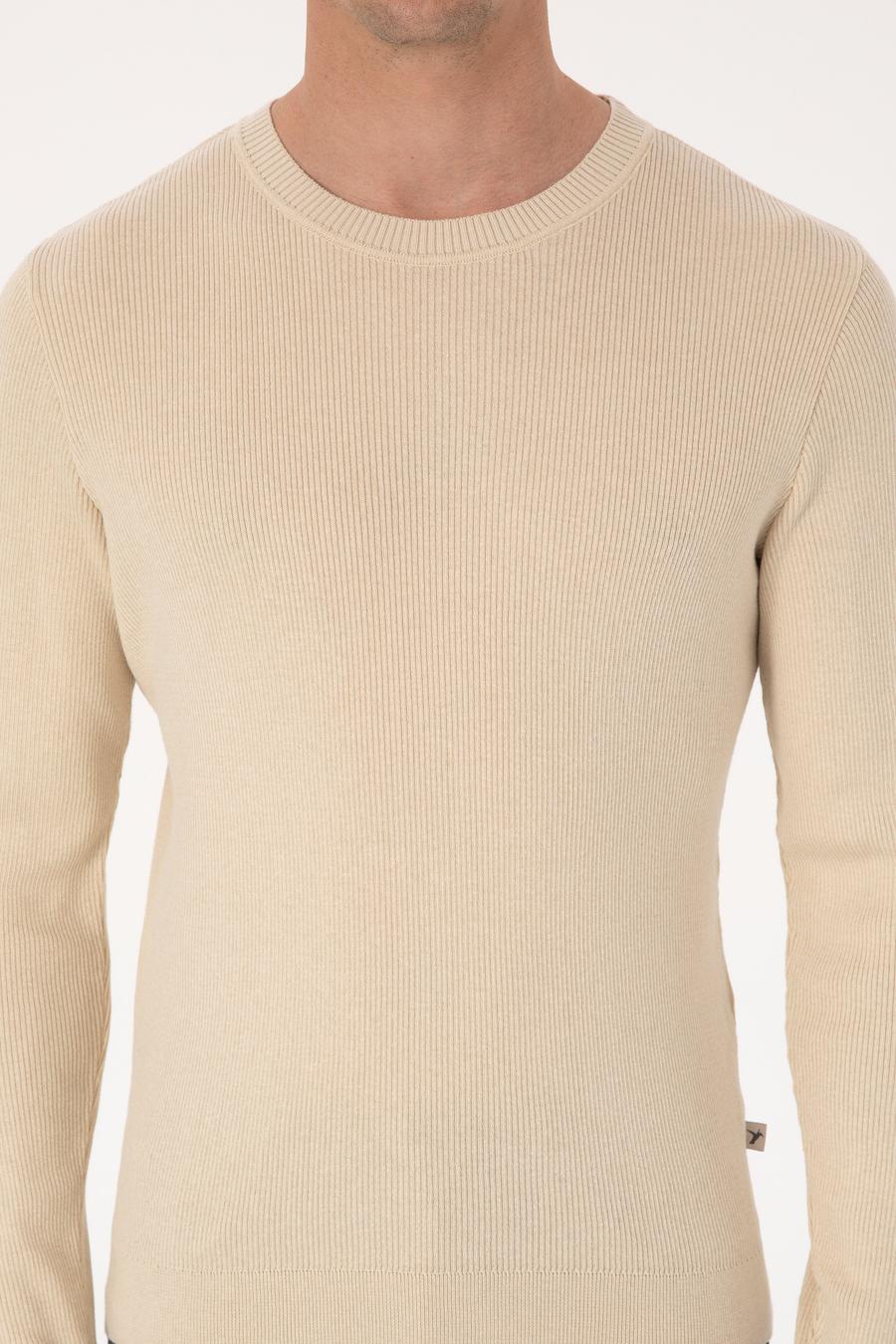 Bej Slim Fit Pamuk Karışımlı Bisiklet Yaka Selanik Örgü Triko Kazak - 50318976036