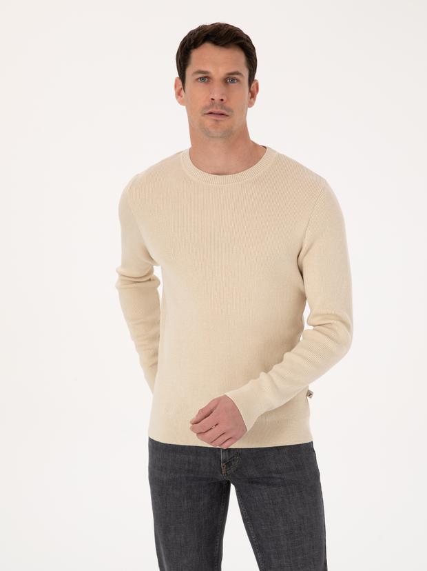 Bej Slim Fit Pamuk Karışımlı Bisiklet Yaka Selanik Örgü Triko Kazak