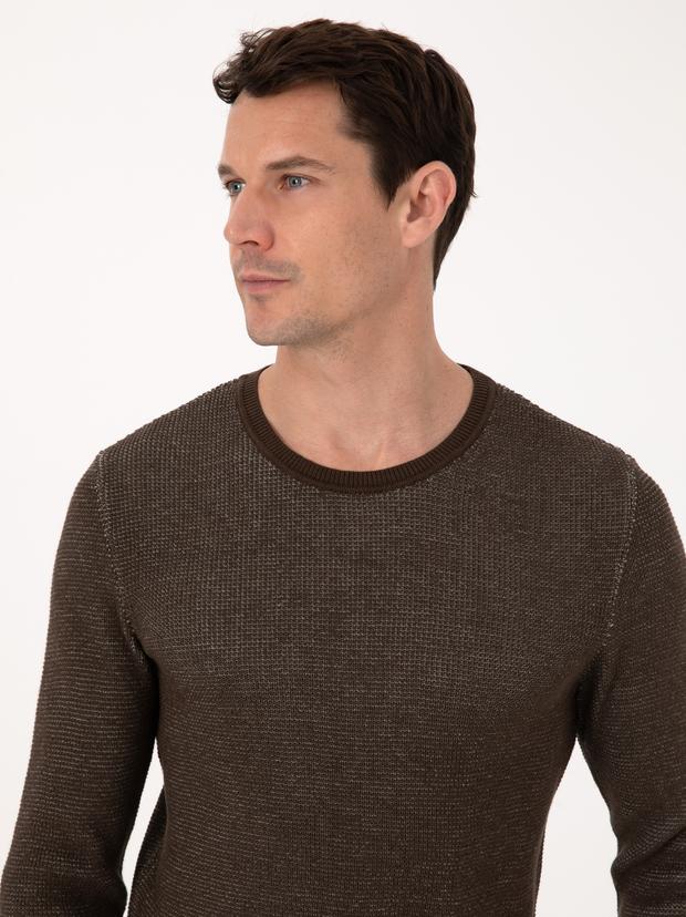 Kahverengi Slim Fit Pamuk Karışımlı Bisiklet Yaka Triko Kazak