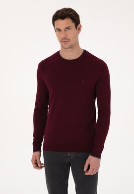 Bordo Slim Fit Pamuk Karışımlı Bisiklet Yaka Triko Kazak
