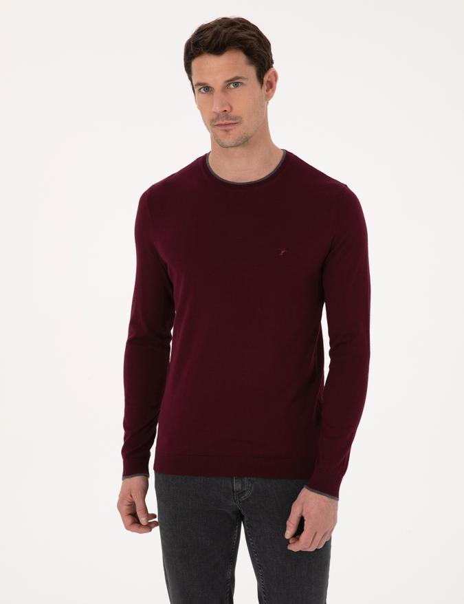 Bordo Slim Fit Pamuk Karışımlı Bisiklet Yaka Triko Kazak