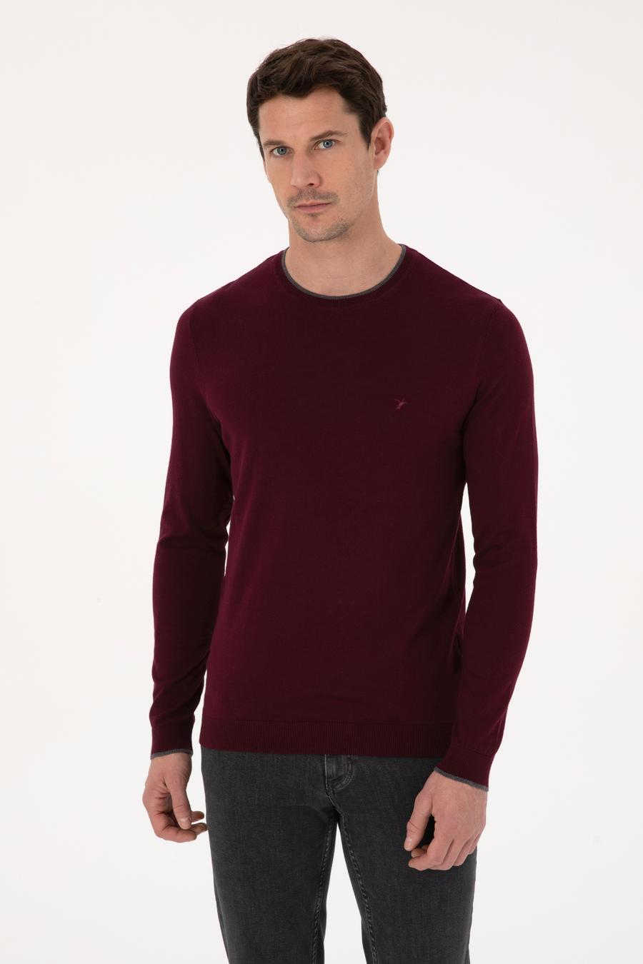 Bordo Slim Fit Pamuk Karışımlı Bisiklet Yaka Triko Kazak - 50318676021