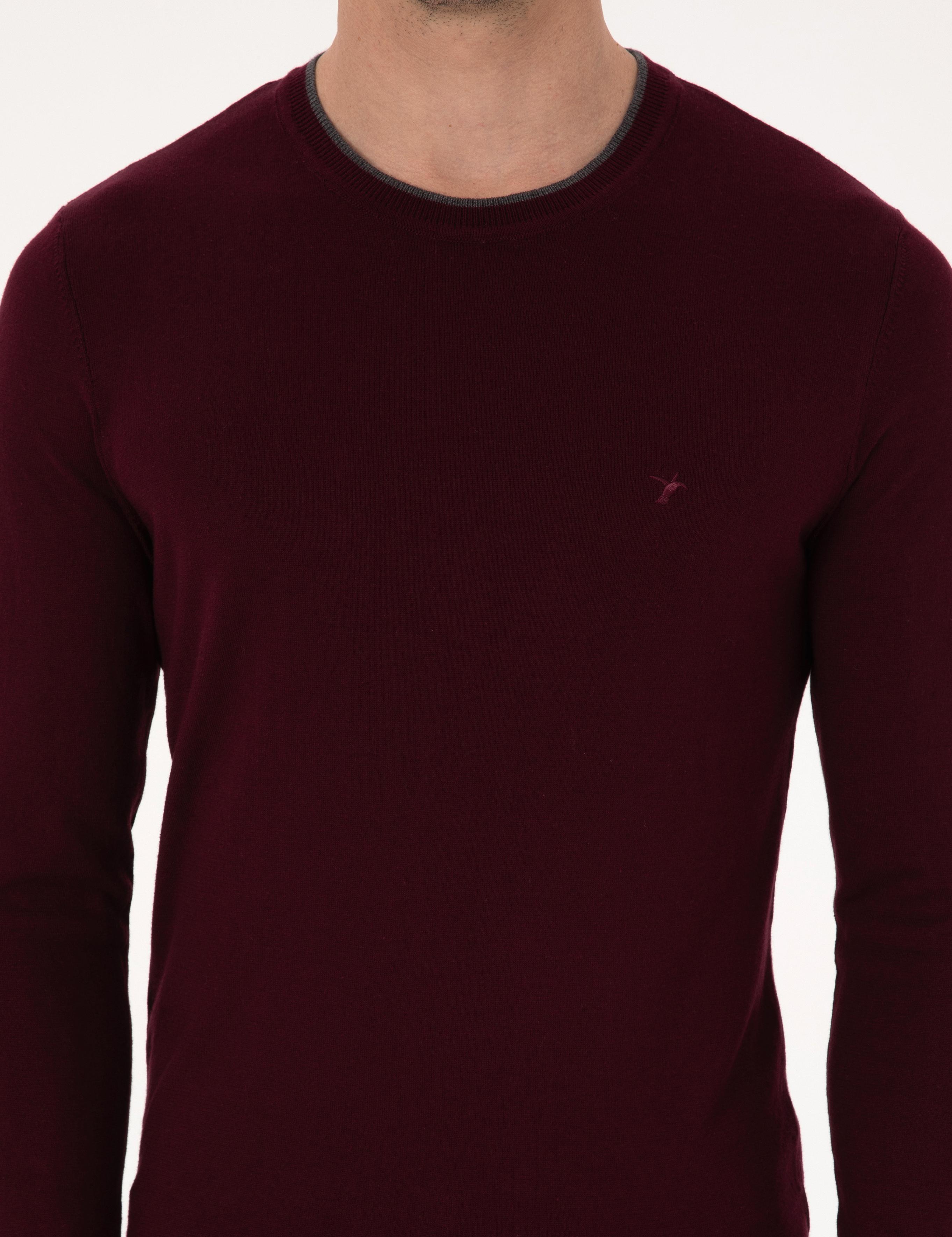 Bordo Slim Fit Pamuk Karışımlı Bisiklet Yaka Triko Kazak - 50318676021