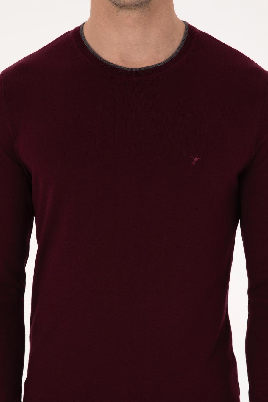Bordo Slim Fit Pamuk Karışımlı Bisiklet Yaka Triko Kazak - 50318676021