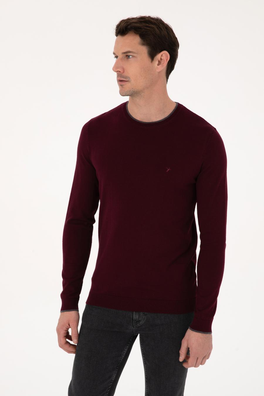 Bordo Slim Fit Pamuk Karışımlı Bisiklet Yaka Triko Kazak - 50318676021