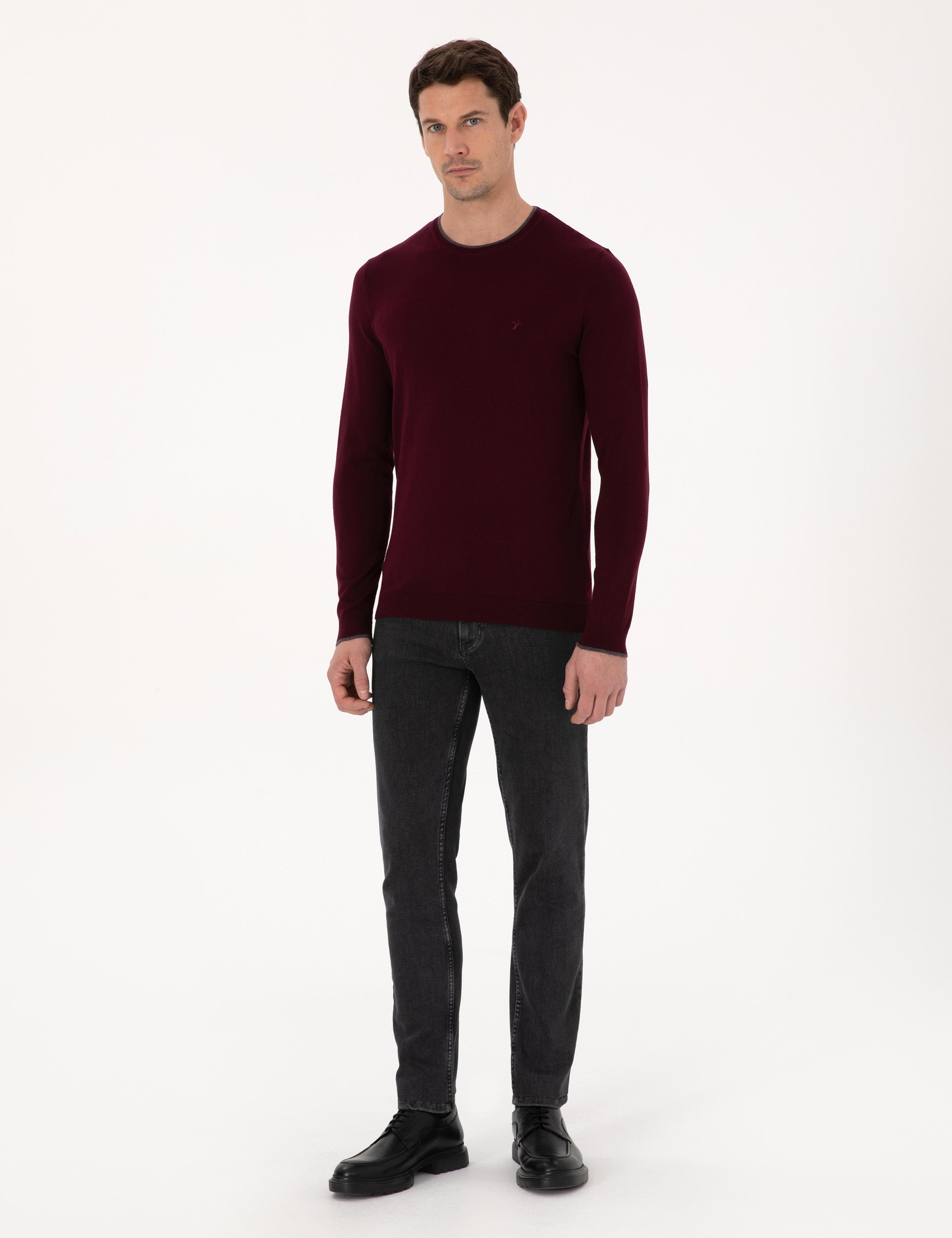 Bordo Slim Fit Pamuk Karışımlı Bisiklet Yaka Triko Kazak - 50318676021