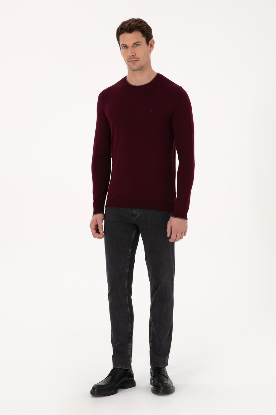 Bordo Slim Fit Pamuk Karışımlı Bisiklet Yaka Triko Kazak - 50318676021