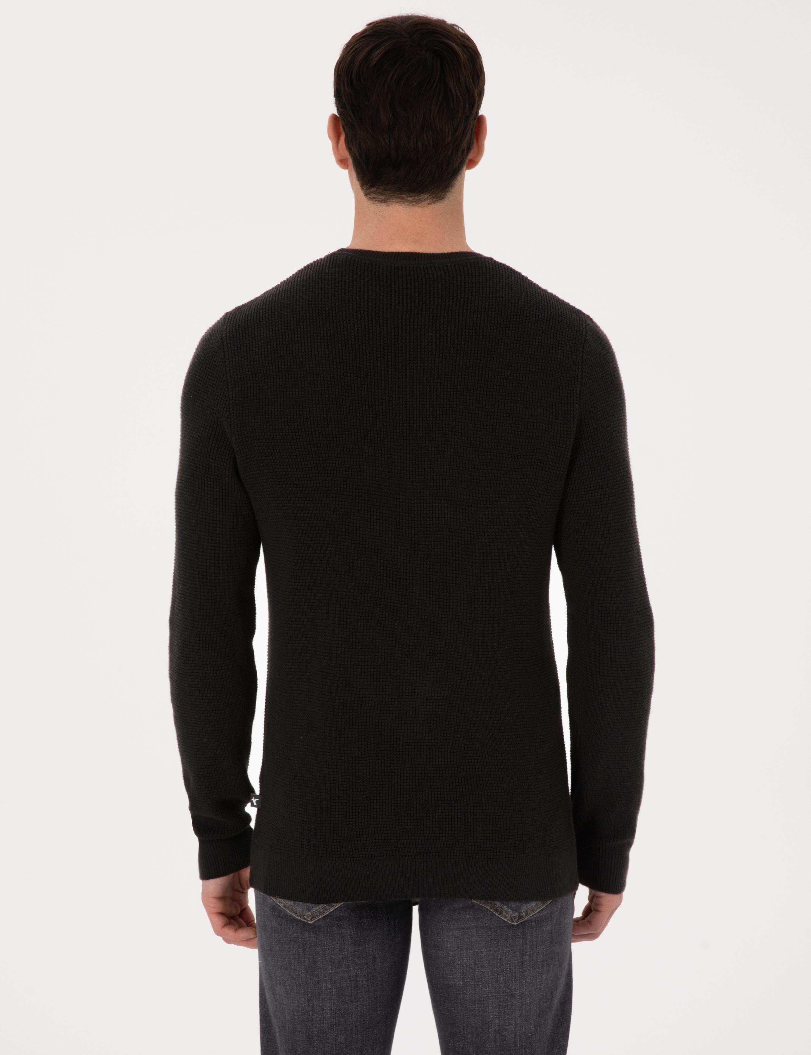 Siyah Slim Fit Pamuk Karışımlı Bisiklet Yaka Triko Kazak - 50318983018
