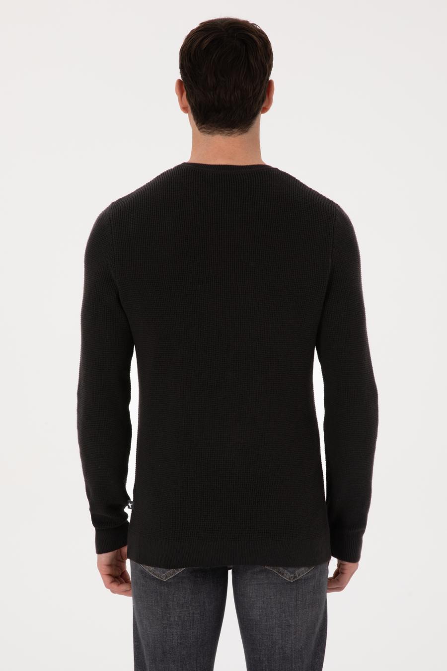 Siyah Slim Fit Pamuk Karışımlı Bisiklet Yaka Triko Kazak - 50318983018