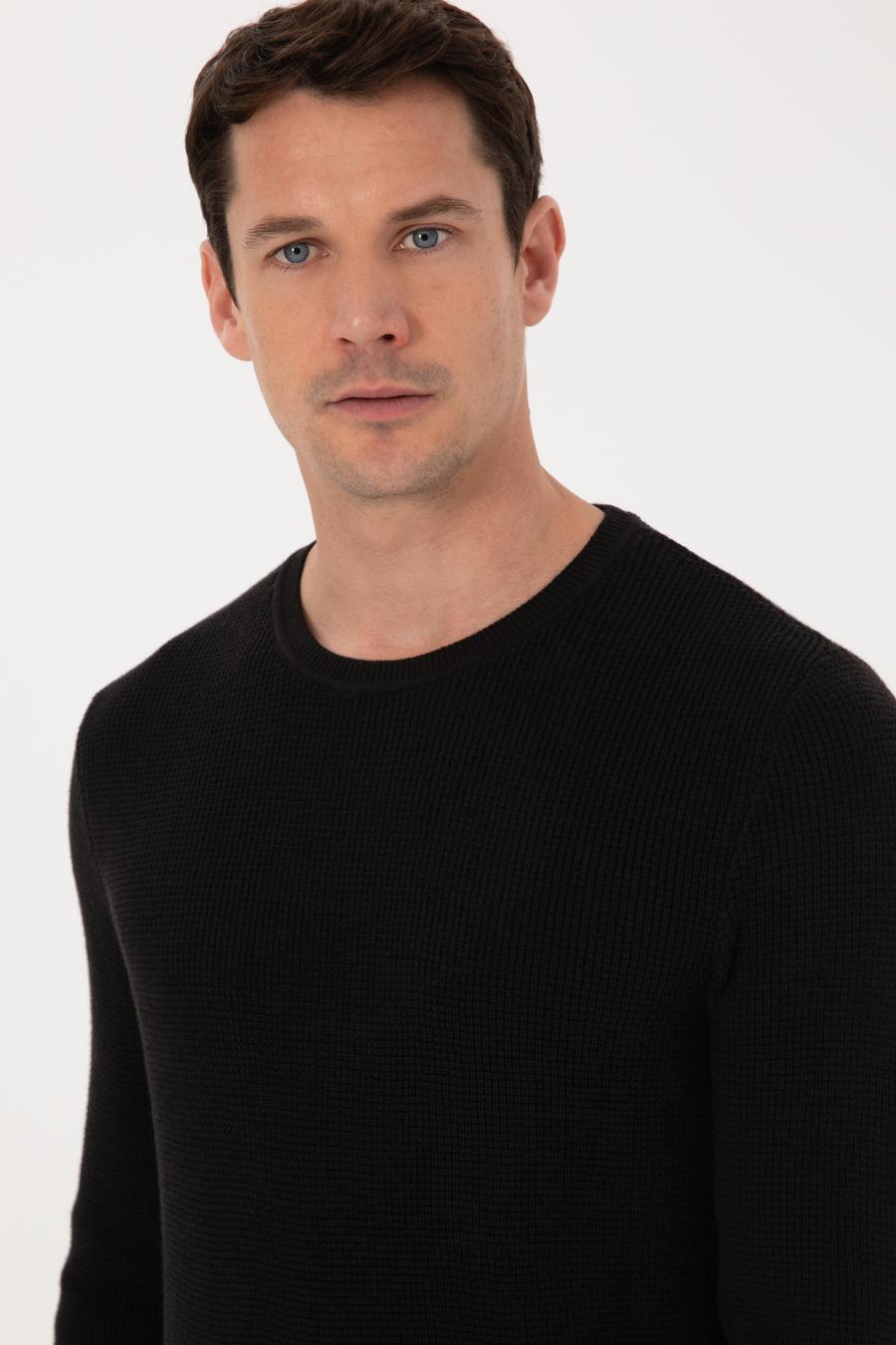 Siyah Slim Fit Pamuk Karışımlı Bisiklet Yaka Triko Kazak - 50318983018