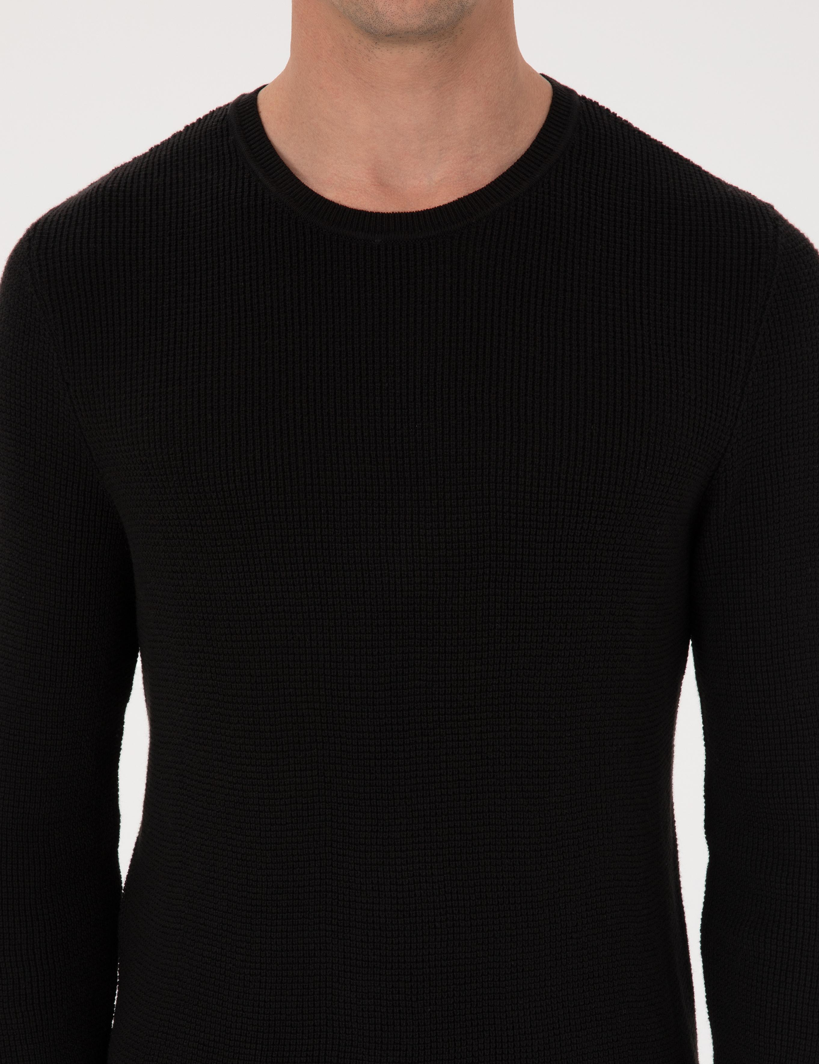 Siyah Slim Fit Pamuk Karışımlı Bisiklet Yaka Triko Kazak - 50318983018