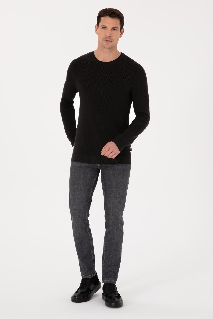 Siyah Slim Fit Pamuk Karışımlı Bisiklet Yaka Triko Kazak - 50318983018