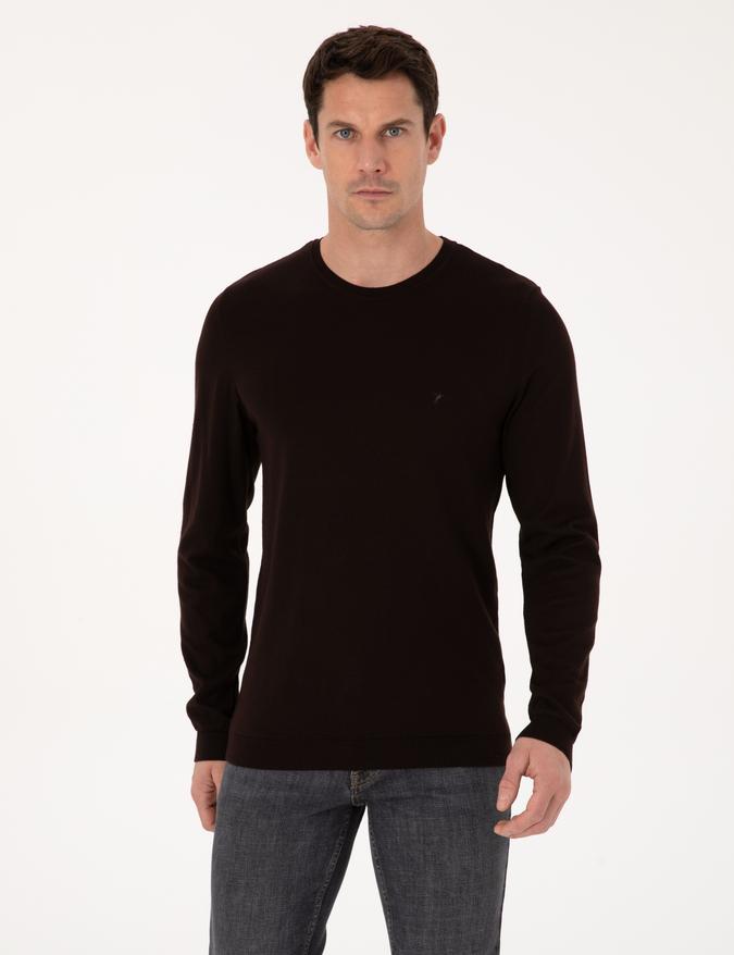 Kahverengi Slim Fit Pamuk Karışımlı Bisiklet Yaka Basic Triko Kazak