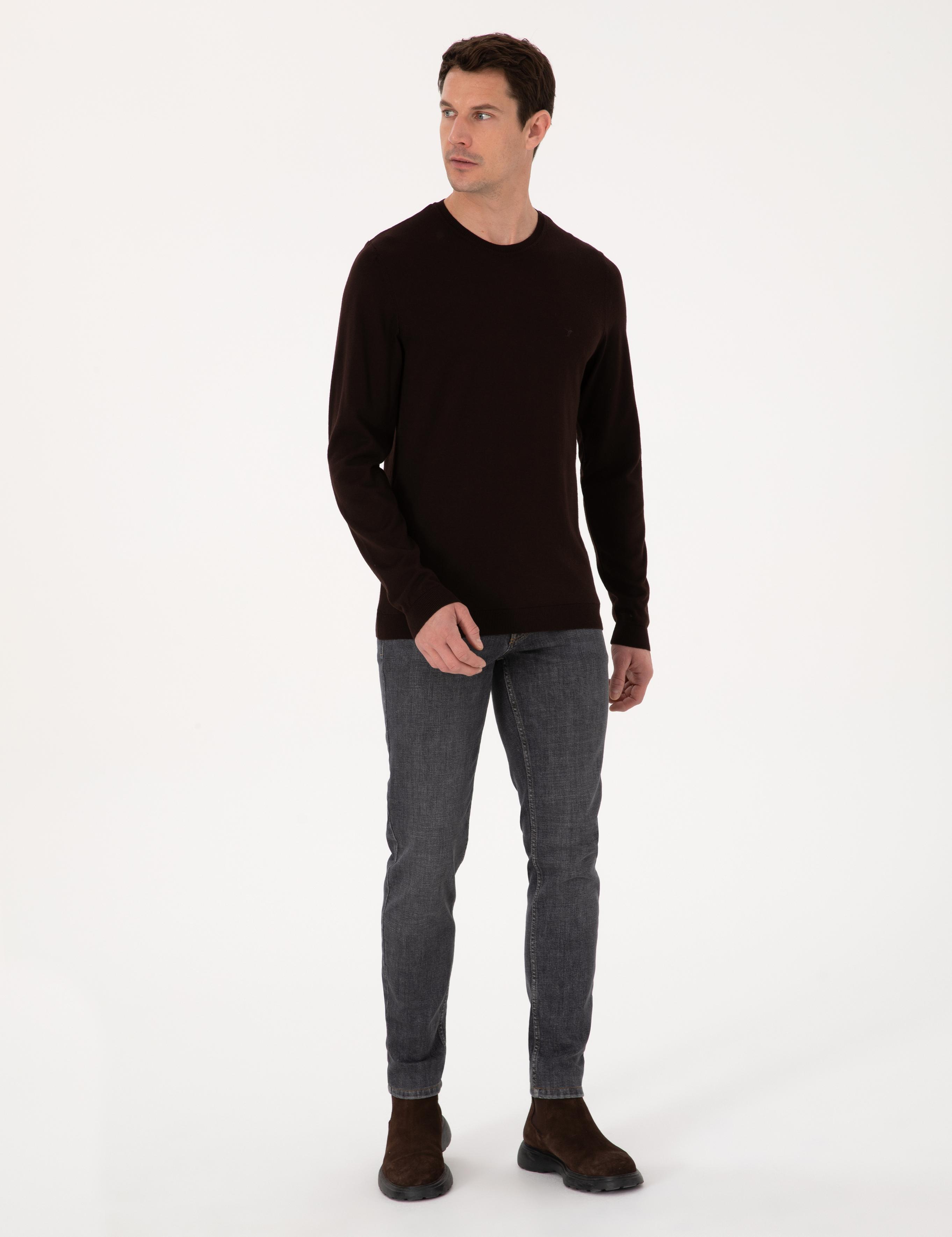 Kahverengi Slim Fit Pamuk Karışımlı Bisiklet Yaka Basic Triko Kazak - 50318620019
