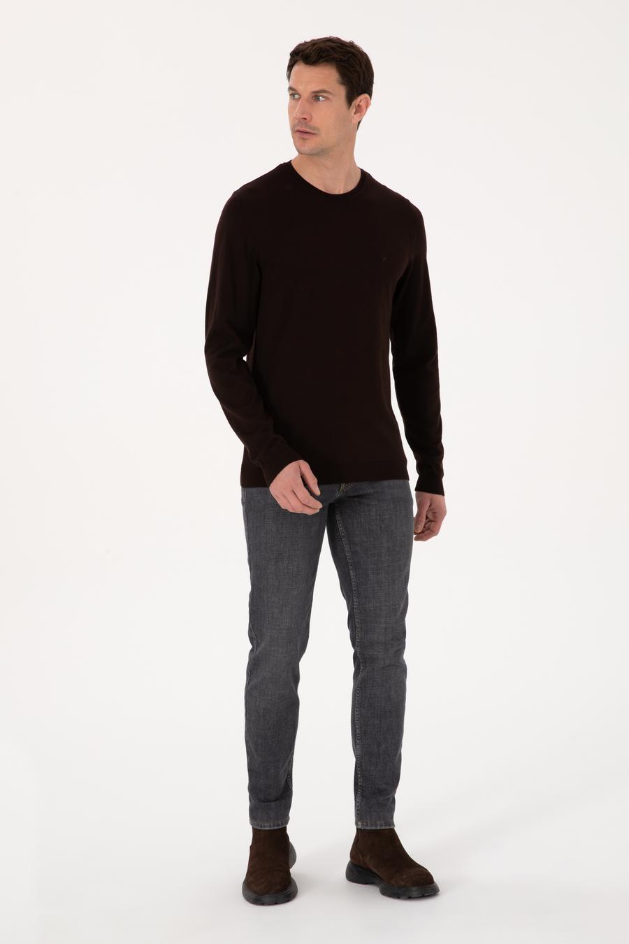 Kahverengi Slim Fit Pamuk Karışımlı Bisiklet Yaka Basic Triko Kazak - 50318620019
