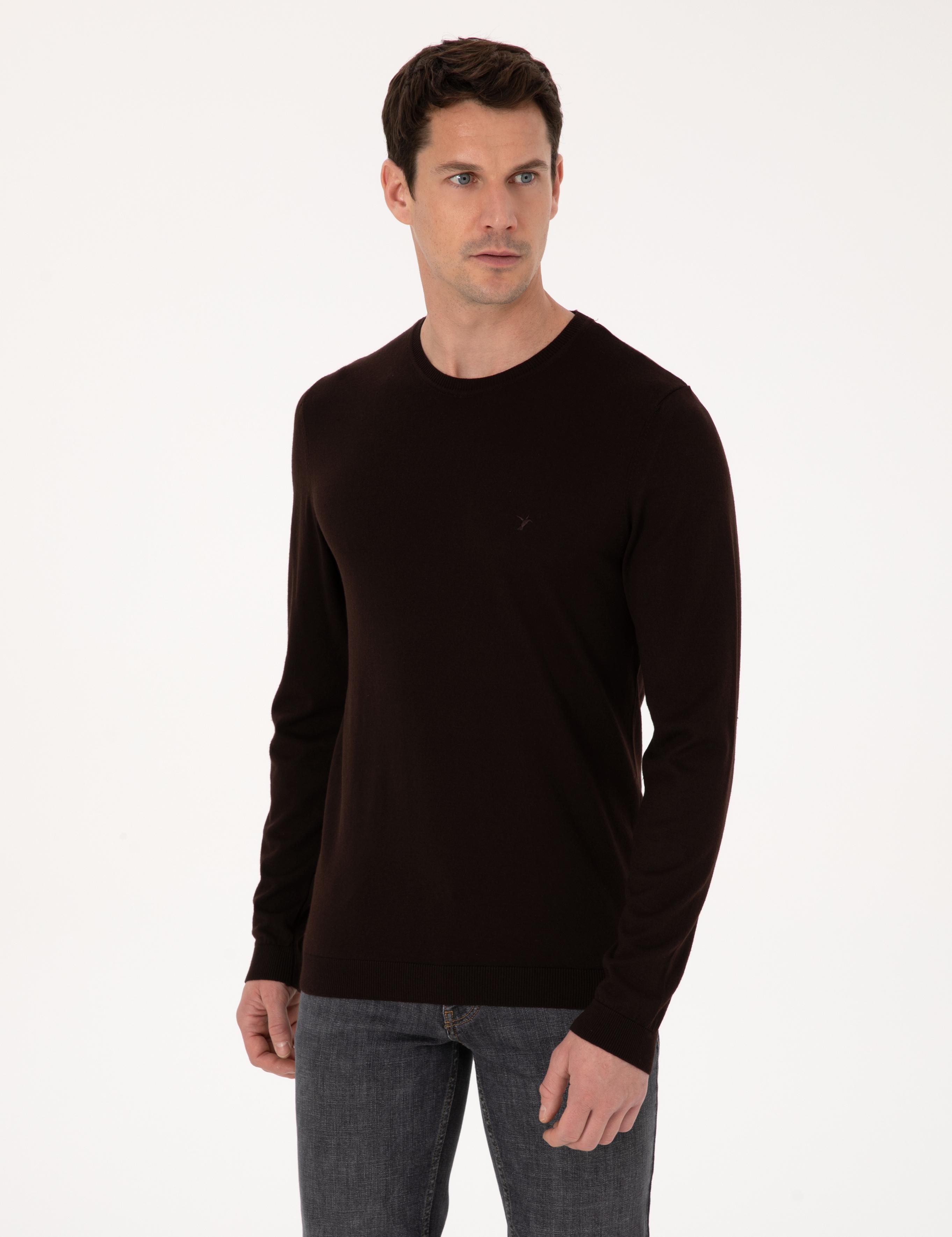 Kahverengi Slim Fit Pamuk Karışımlı Bisiklet Yaka Basic Triko Kazak - 50318620019