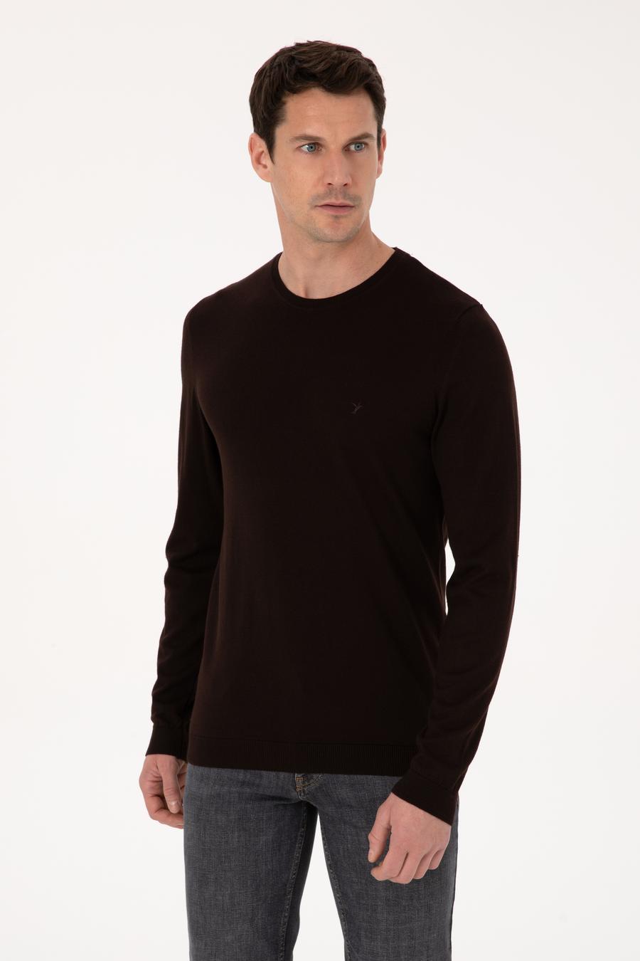 Kahverengi Slim Fit Pamuk Karışımlı Bisiklet Yaka Basic Triko Kazak - 50318620019