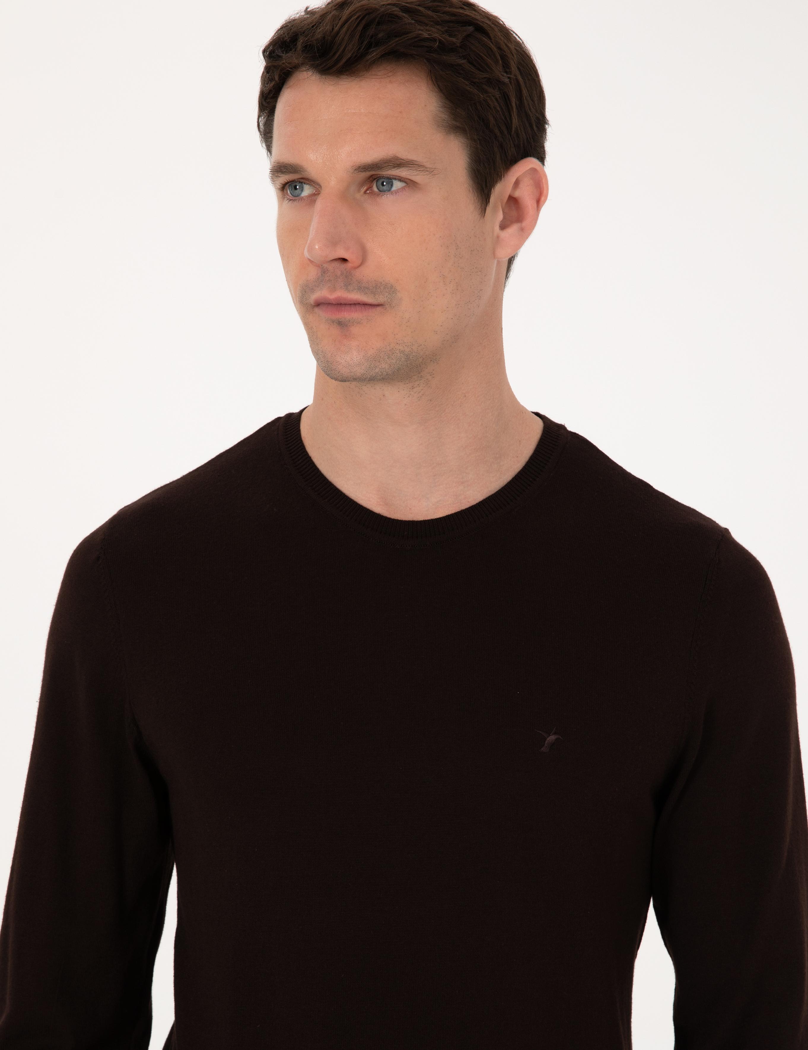 Kahverengi Slim Fit Pamuk Karışımlı Bisiklet Yaka Basic Triko Kazak - 50318620019