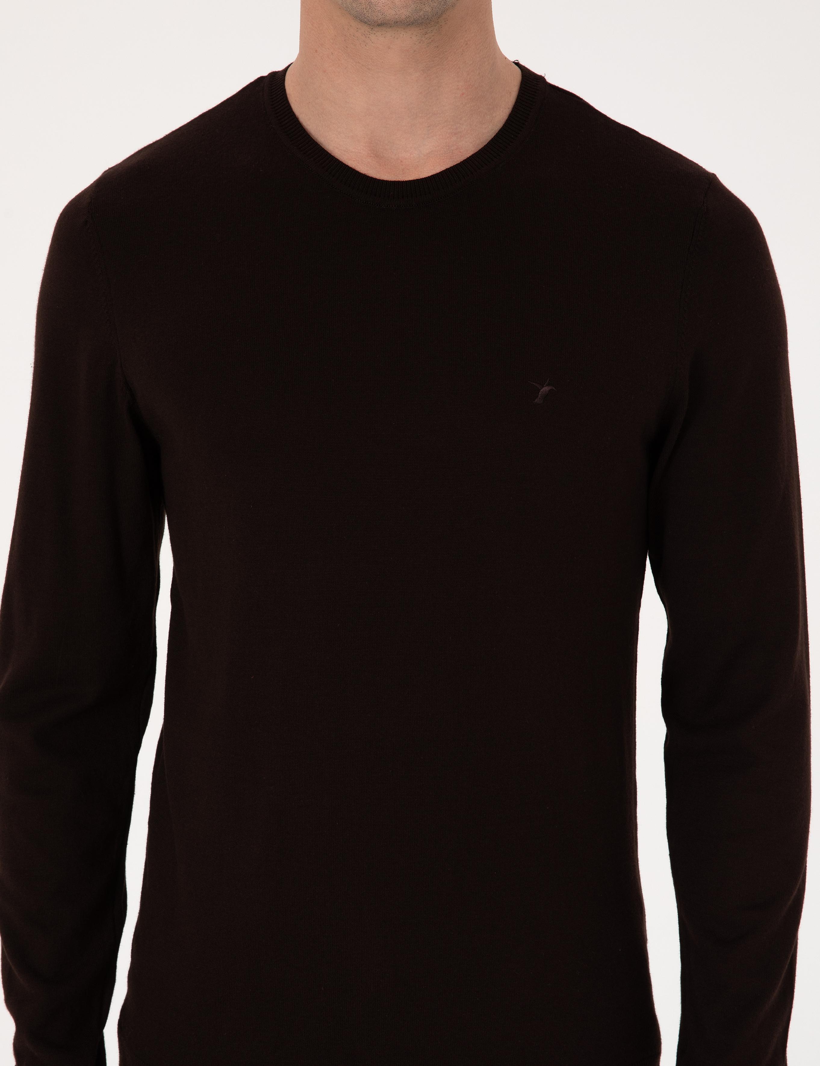 Kahverengi Slim Fit Pamuk Karışımlı Bisiklet Yaka Basic Triko Kazak - 50318620019