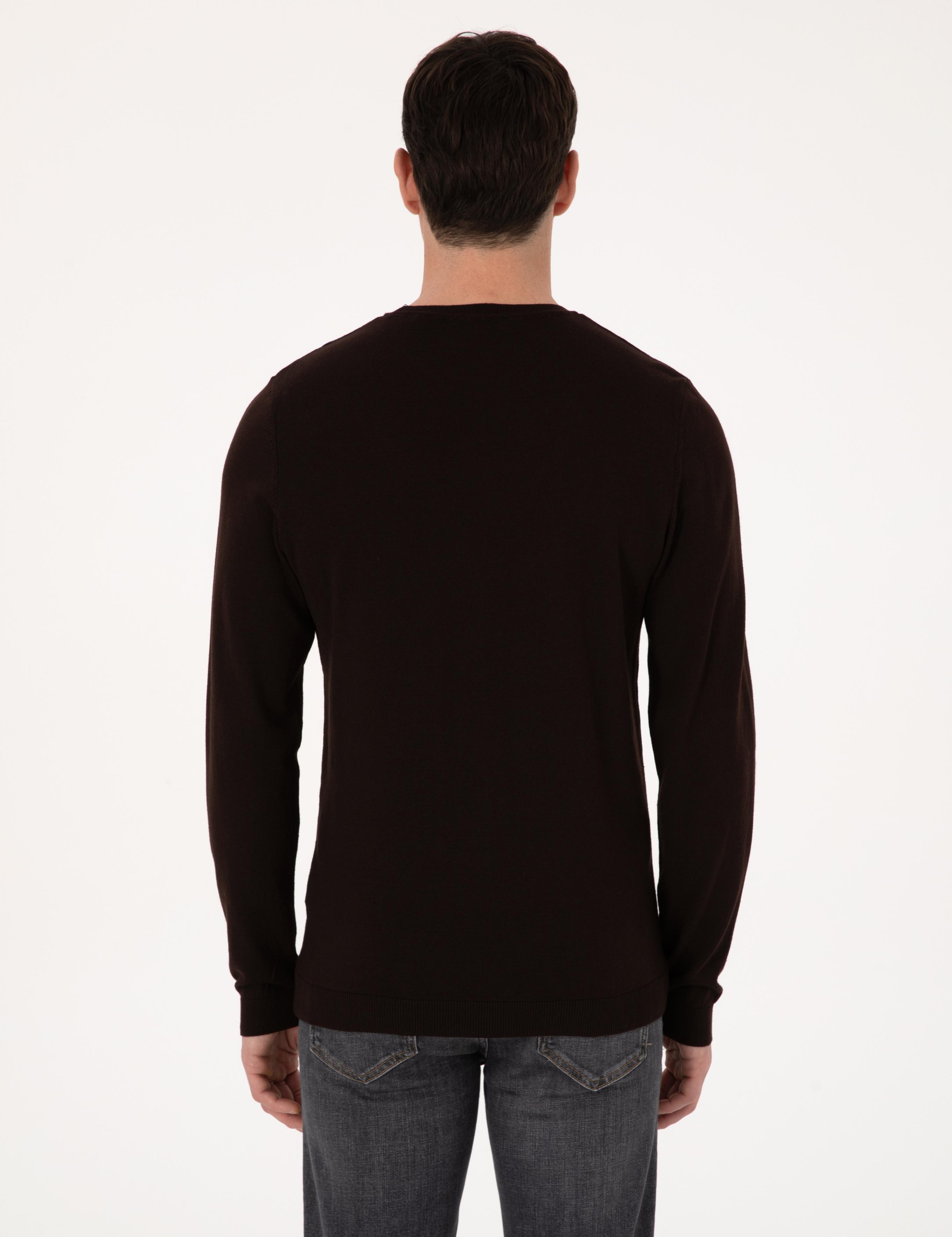 Kahverengi Slim Fit Pamuk Karışımlı Bisiklet Yaka Basic Triko Kazak - 50318620019