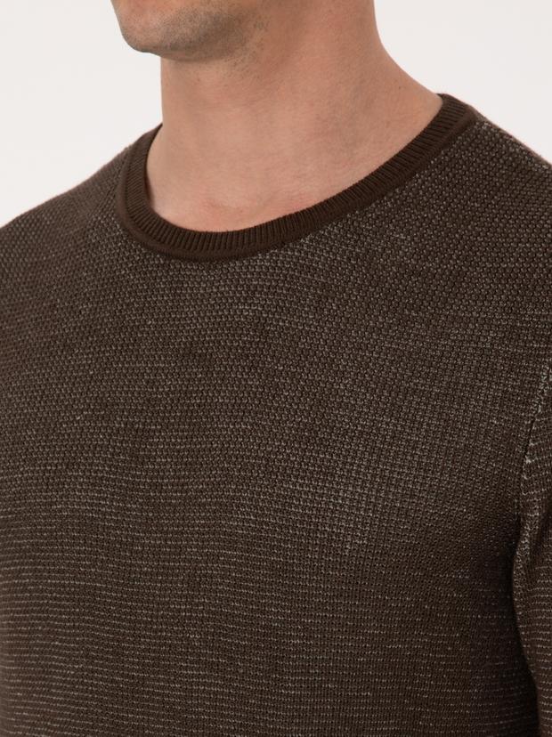 Kahverengi Slim Fit Pamuk Karışımlı Bisiklet Yaka Triko Kazak