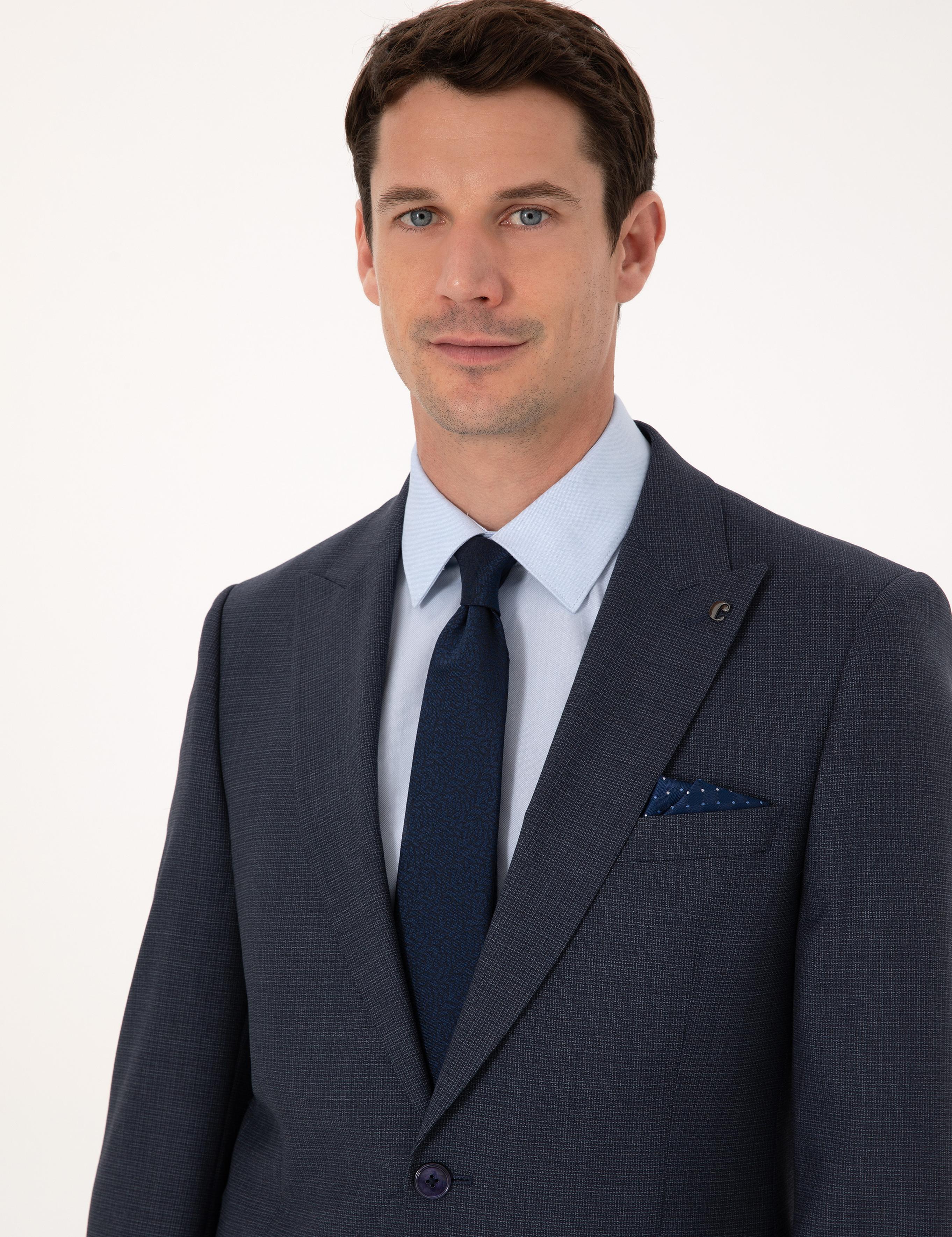 Lacivert Slim Fit Yün Karışımlı Mikro Desen Kırlangıç Yaka Takım Elbise - 50325470017