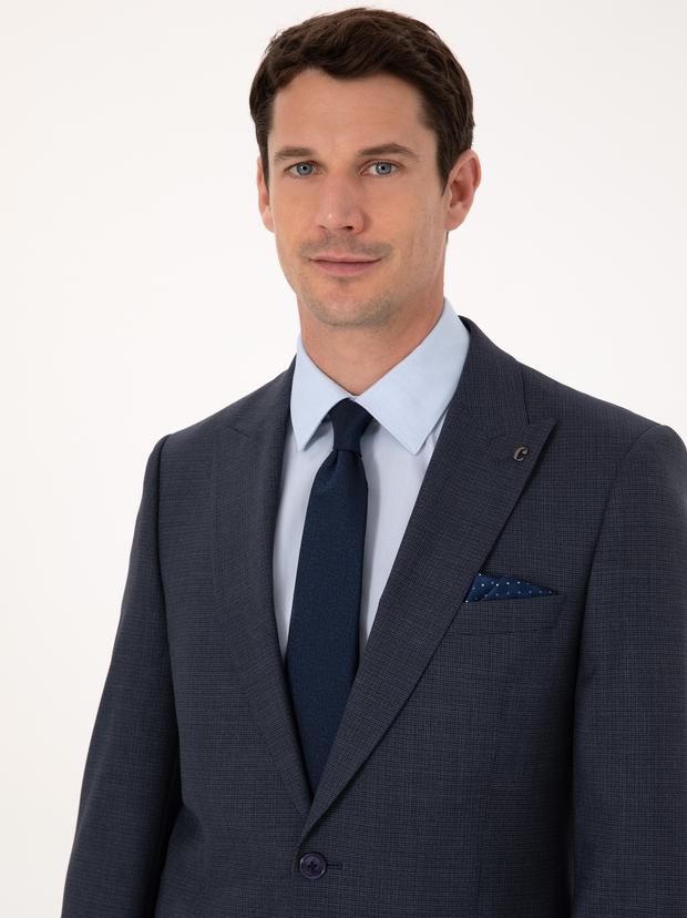 Lacivert Slim Fit Yün Karışımlı Mikro Desen Kırlangıç Yaka Takım Elbise