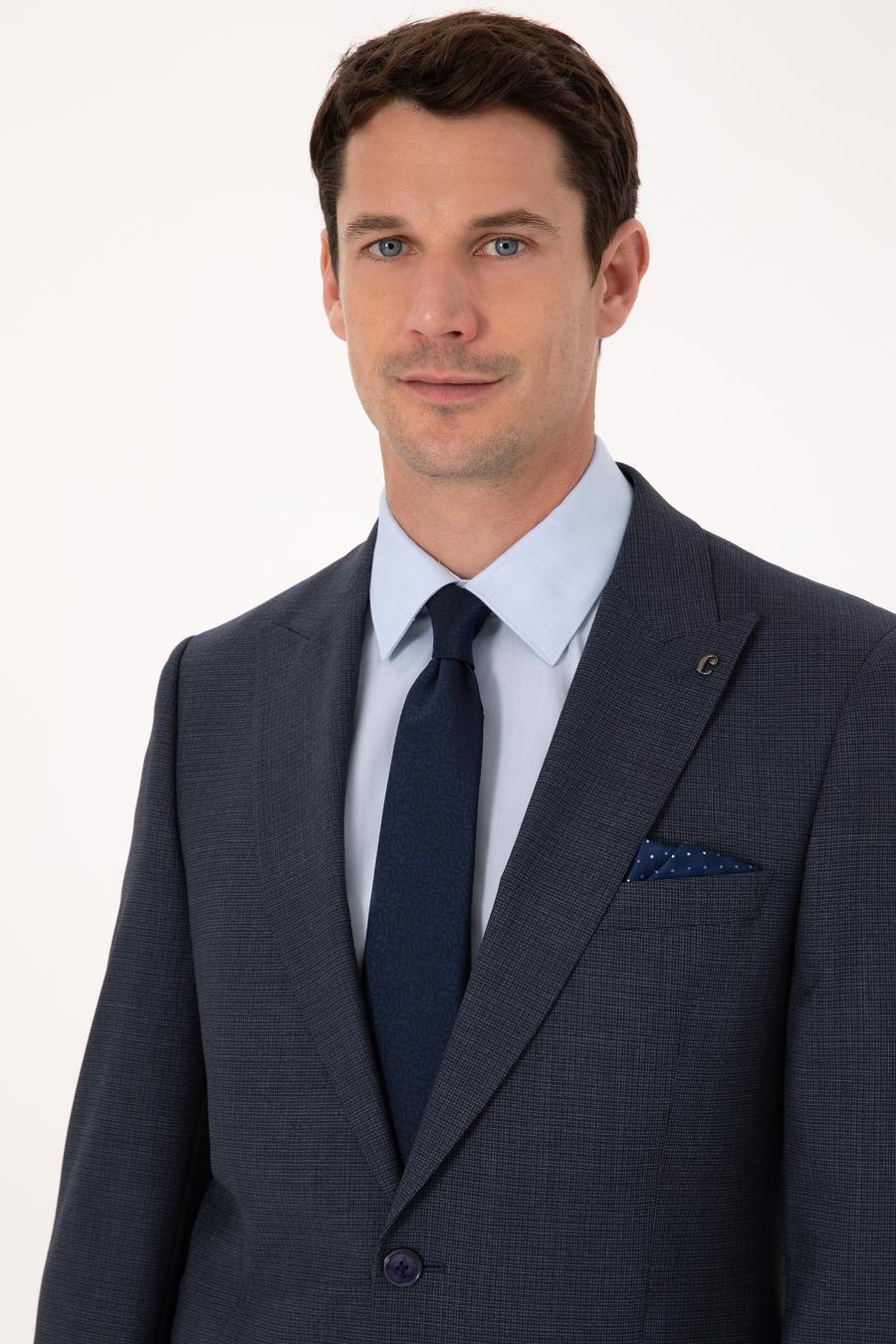 Lacivert Slim Fit Yün Karışımlı Mikro Desen Kırlangıç Yaka Takım Elbise - 50325470017