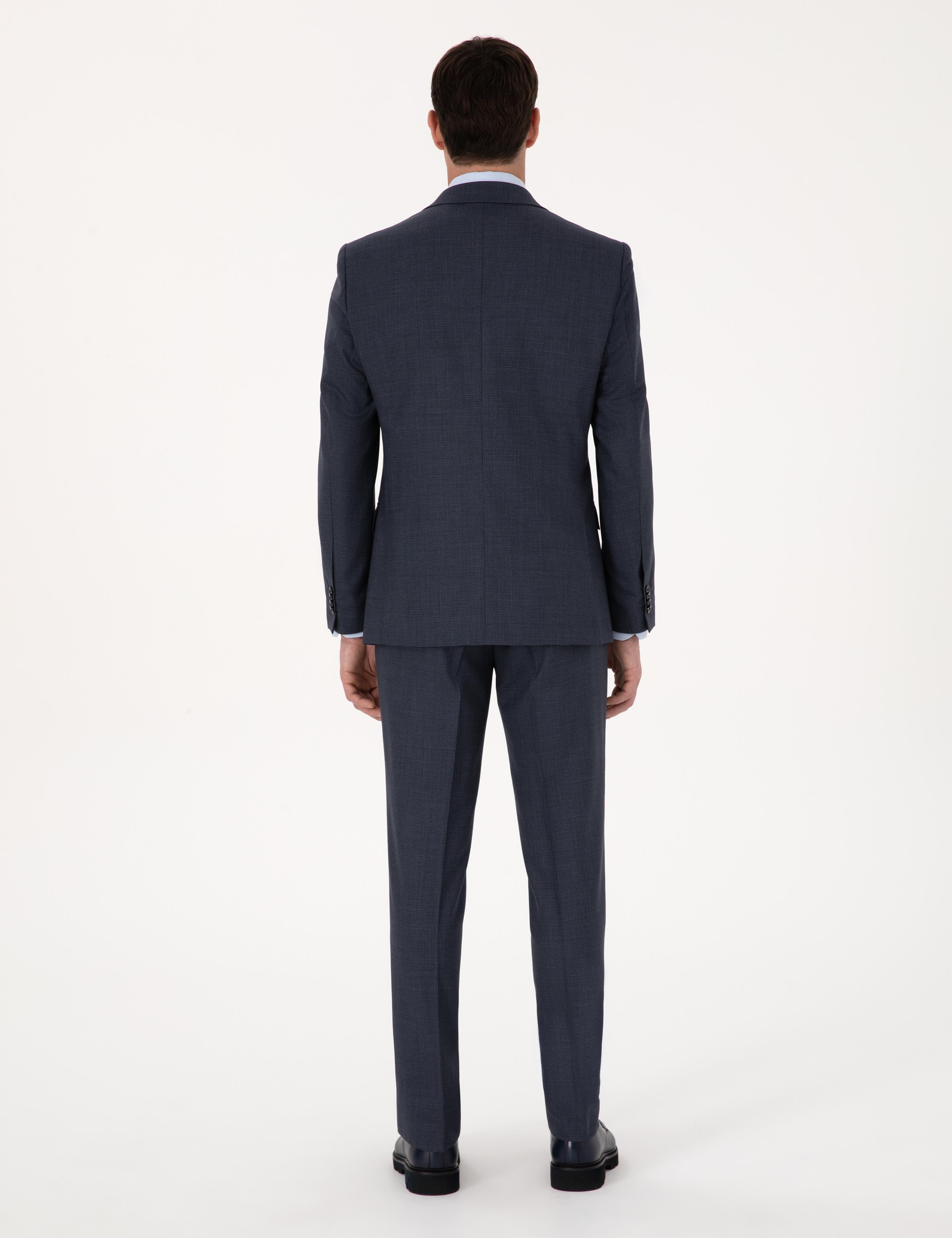 Lacivert Slim Fit Yün Karışımlı Mikro Desen Kırlangıç Yaka Takım Elbise - 50325470017