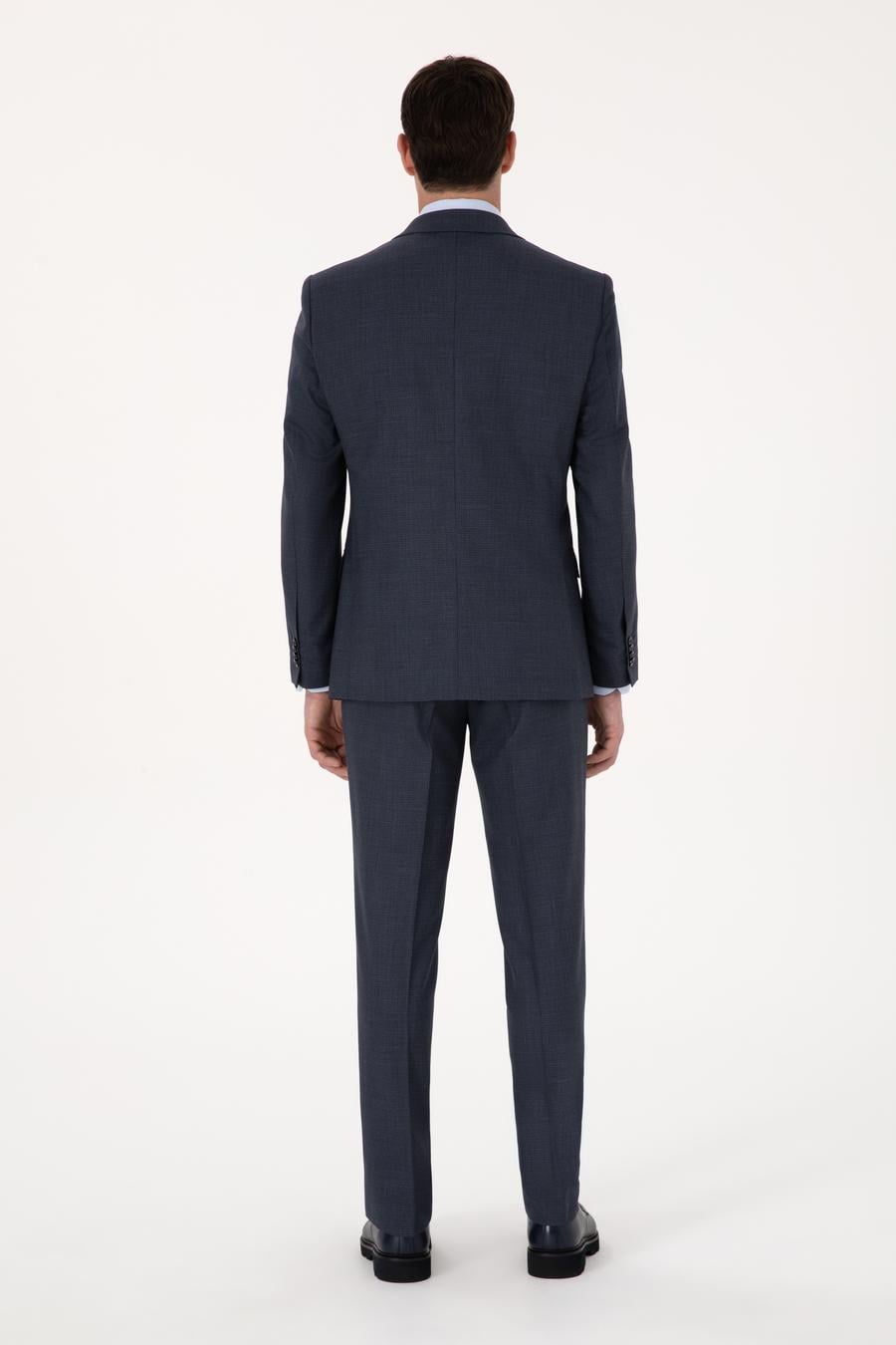 Lacivert Slim Fit Yün Karışımlı Mikro Desen Kırlangıç Yaka Takım Elbise - 50325470017