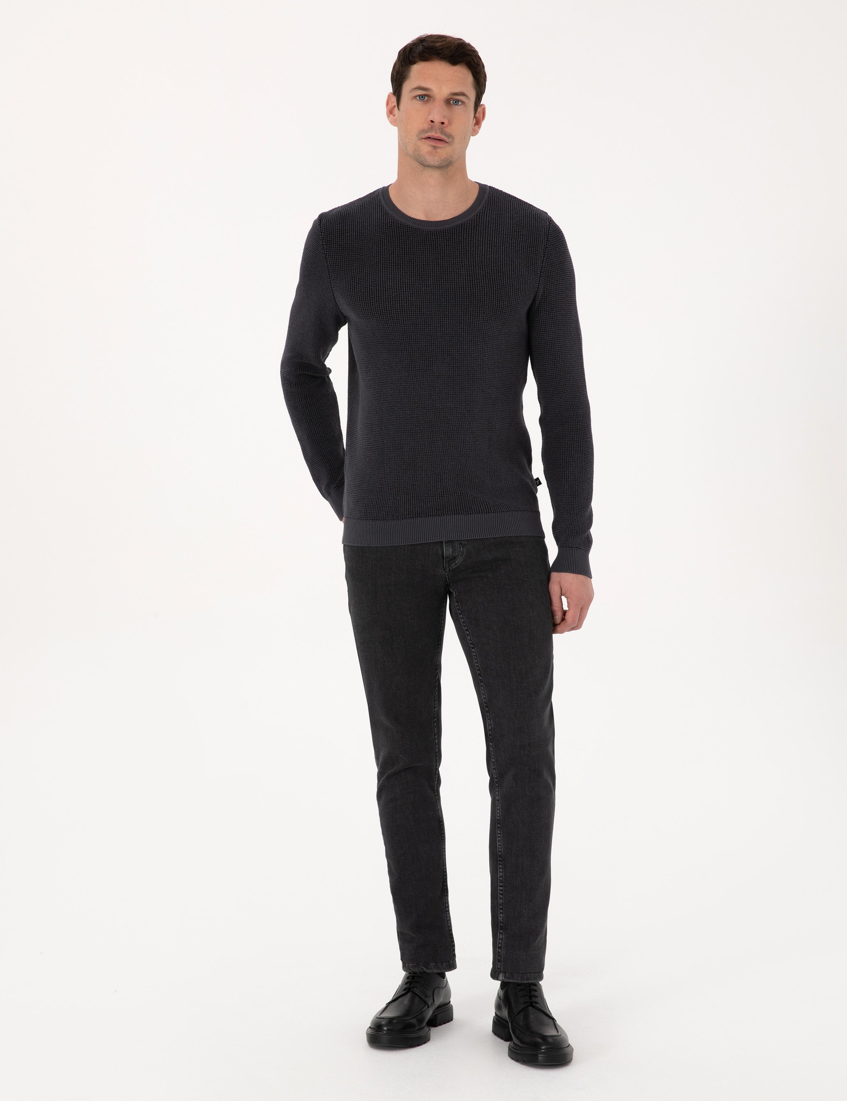 Antrasit Slim Fit Pamuk Karışımlı Bisiklet Yaka Triko Kazak - 50318983034