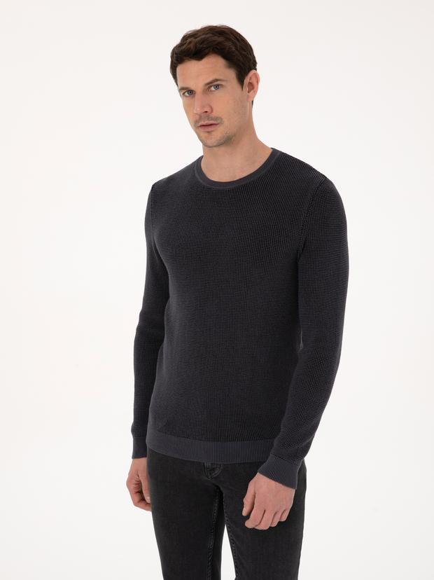 Antrasit Slim Fit Pamuk Karışımlı Bisiklet Yaka Triko Kazak