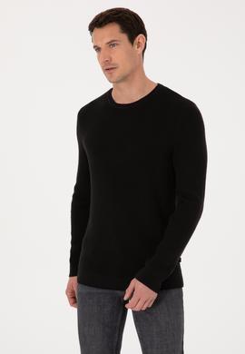 Siyah Slim Fit Pamuk Karışımlı Bisiklet Yaka Triko Kazak