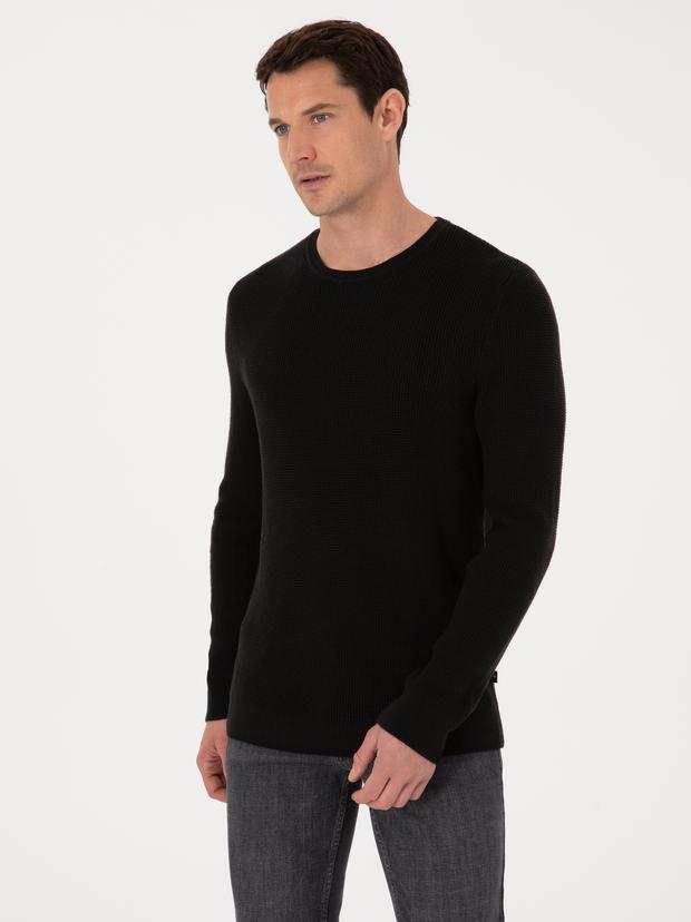 Siyah Slim Fit Pamuk Karışımlı Bisiklet Yaka Triko Kazak