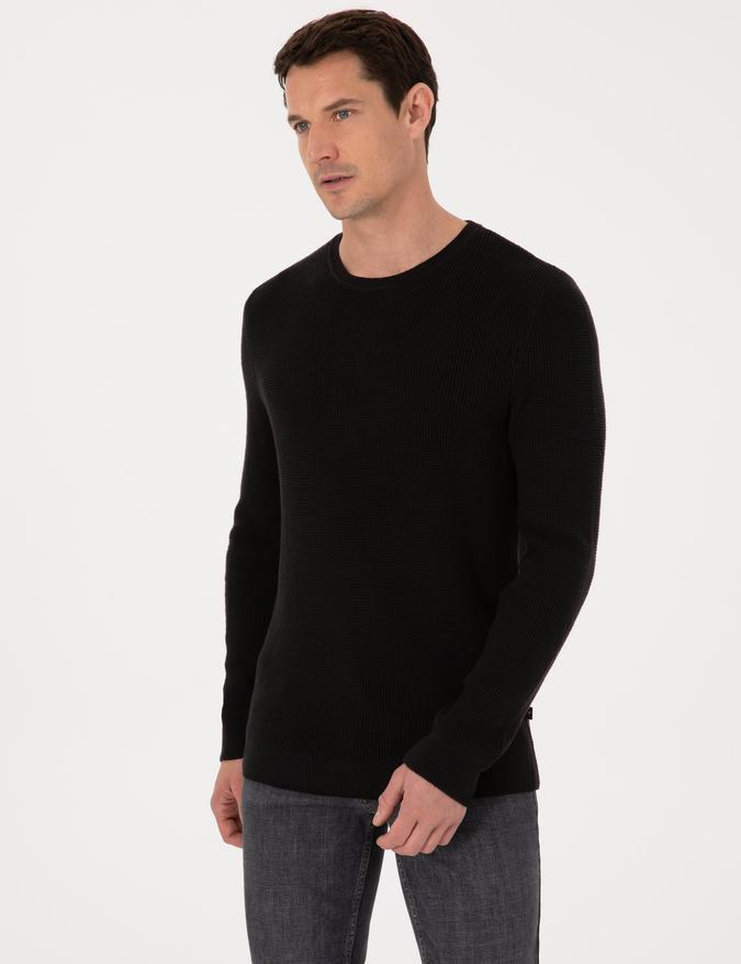 Siyah Slim Fit Pamuk Karışımlı Bisiklet Yaka Triko Kazak