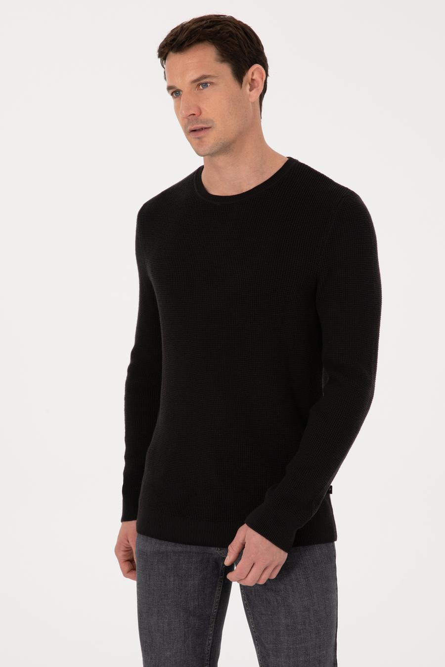 Siyah Slim Fit Pamuk Karışımlı Bisiklet Yaka Triko Kazak - 50318983018