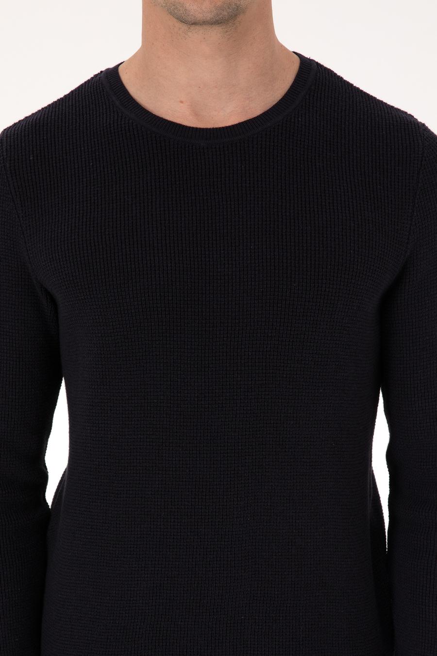 Lacivert Slim Fit Pamuk Karışımlı Bisiklet Yaka Triko Kazak - 50318983009