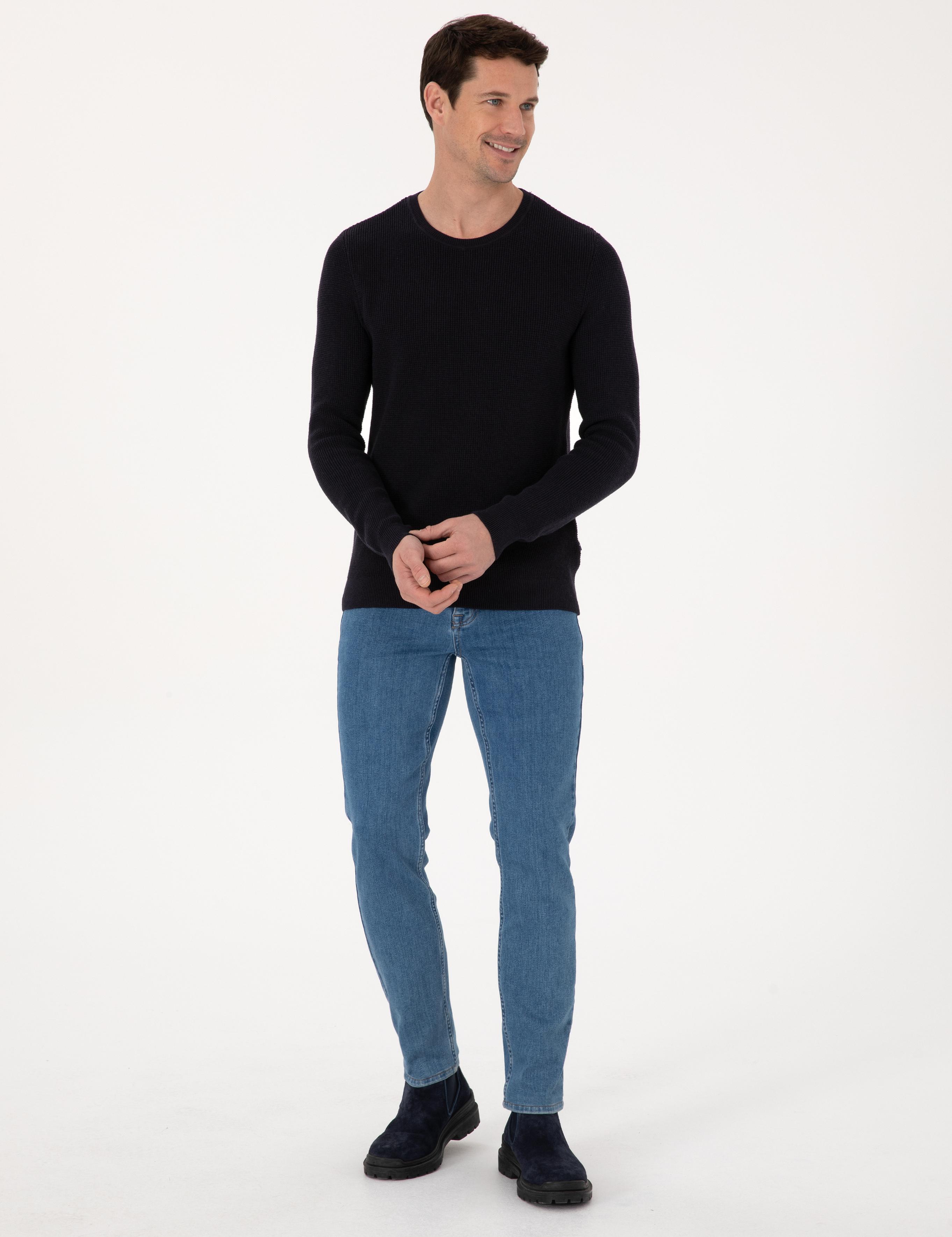 Lacivert Slim Fit Pamuk Karışımlı Bisiklet Yaka Triko Kazak - 50318983009