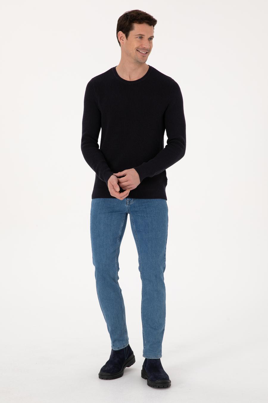 Lacivert Slim Fit Pamuk Karışımlı Bisiklet Yaka Triko Kazak - 50318983009
