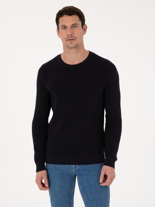Lacivert Slim Fit Pamuk Karışımlı Bisiklet Yaka Triko Kazak