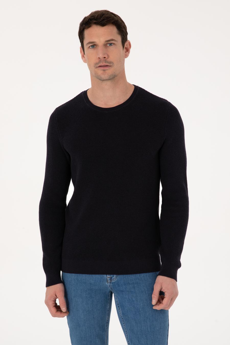 Lacivert Slim Fit Pamuk Karışımlı Bisiklet Yaka Triko Kazak - 50318983009