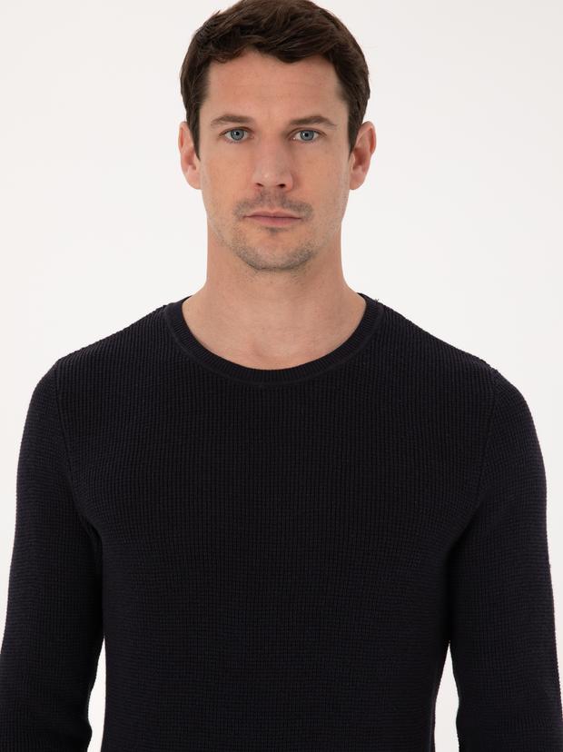 Lacivert Slim Fit Pamuk Karışımlı Bisiklet Yaka Triko Kazak